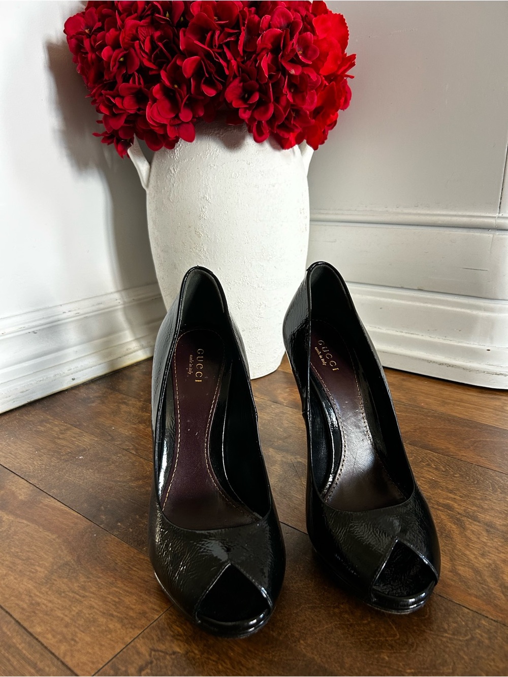 Gucci Black Patent Leather Peep-Toe Heels